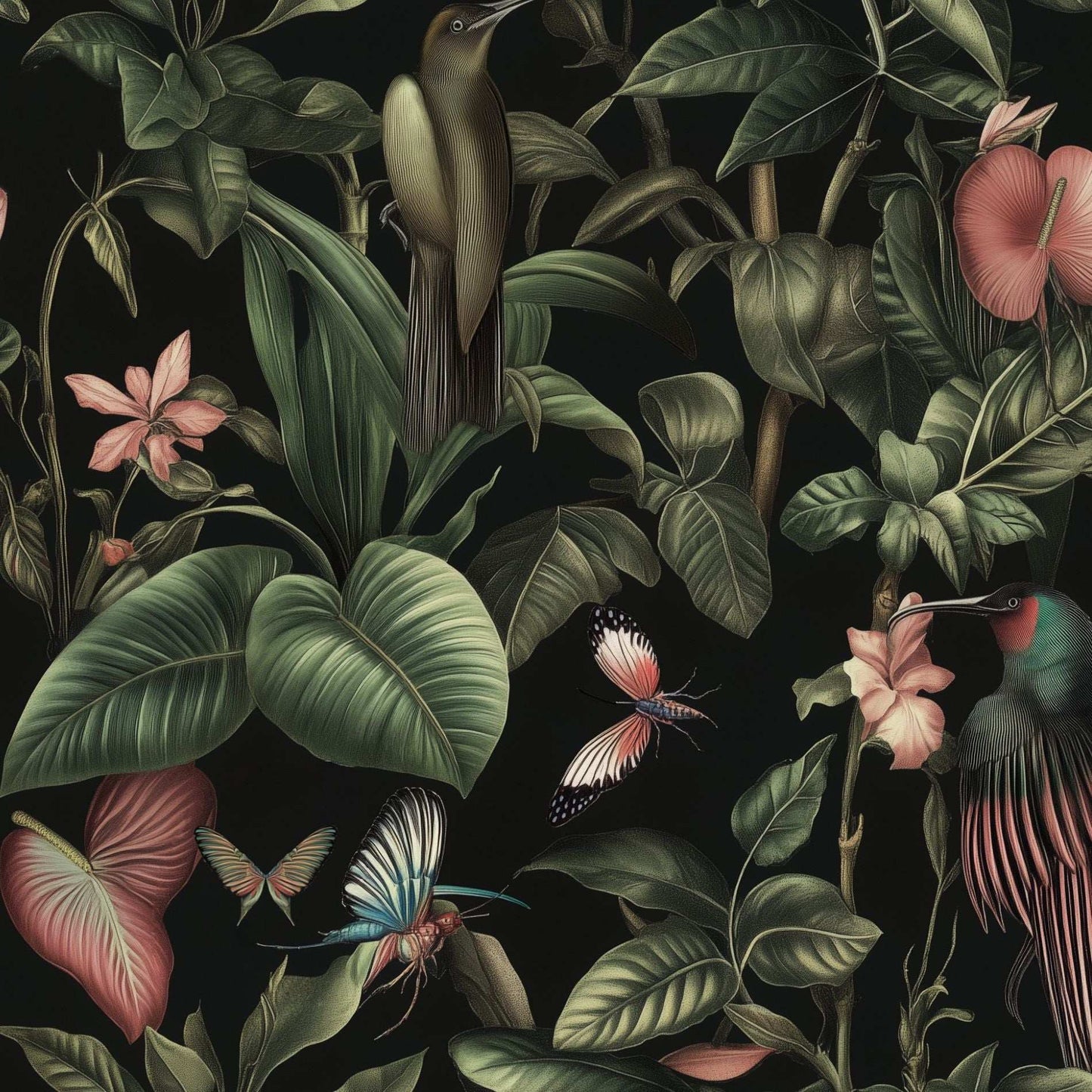 Tropical Nocturnal Paradise Wallpaper Exotic Birds and Butterflies Wall Mural