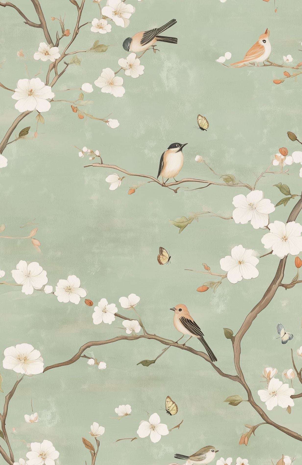 Serene Spring Birds and Blossoms Wallpaper Chinoiserie Wall Mural Peel and Stick Roll