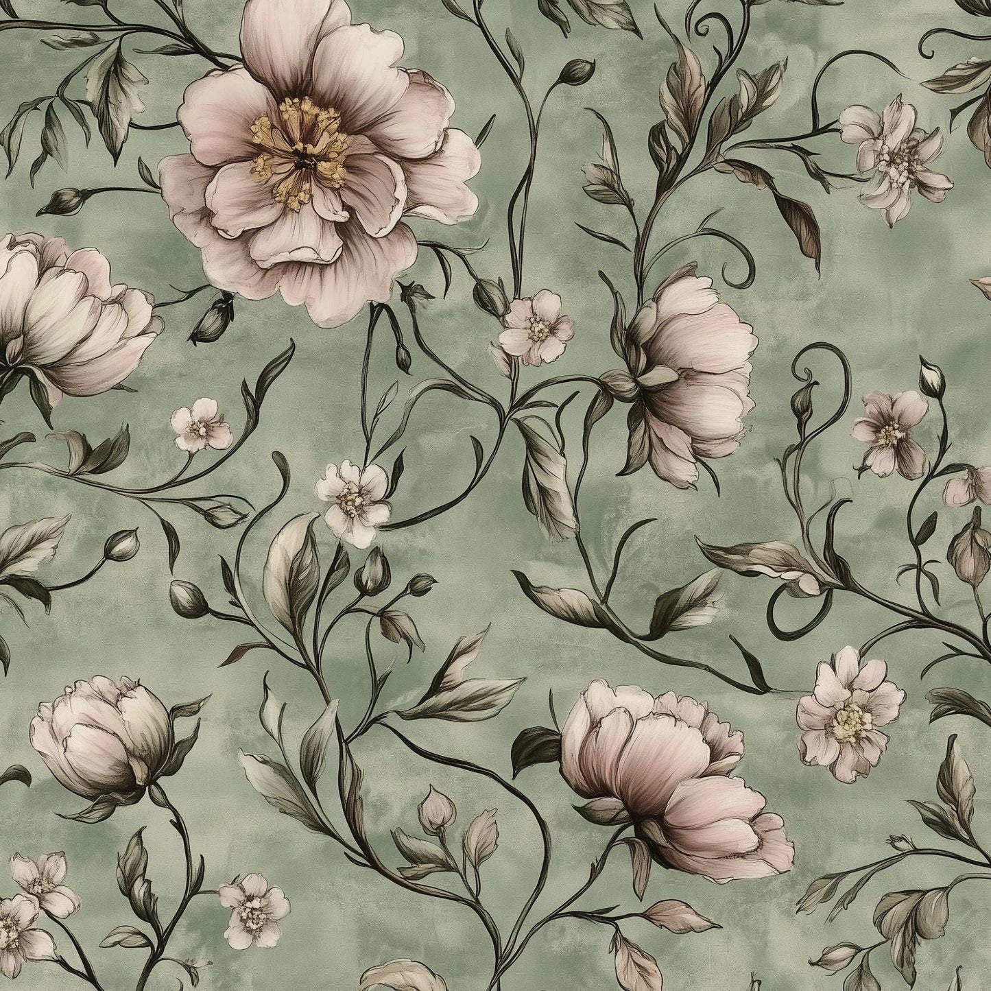 Sage Green Peony Wallpaper Exquisite Floral Accent Serene Interiors Peel and Stick Roll