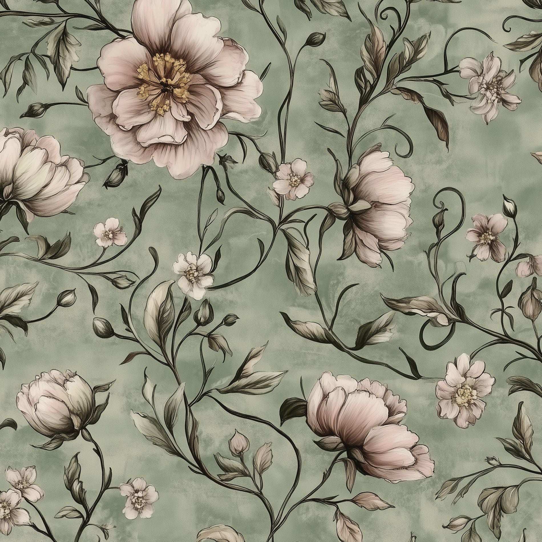 Sage Green Peony Wallpaper Exquisite Floral Accent Serene Interiors Peel and Stick Roll