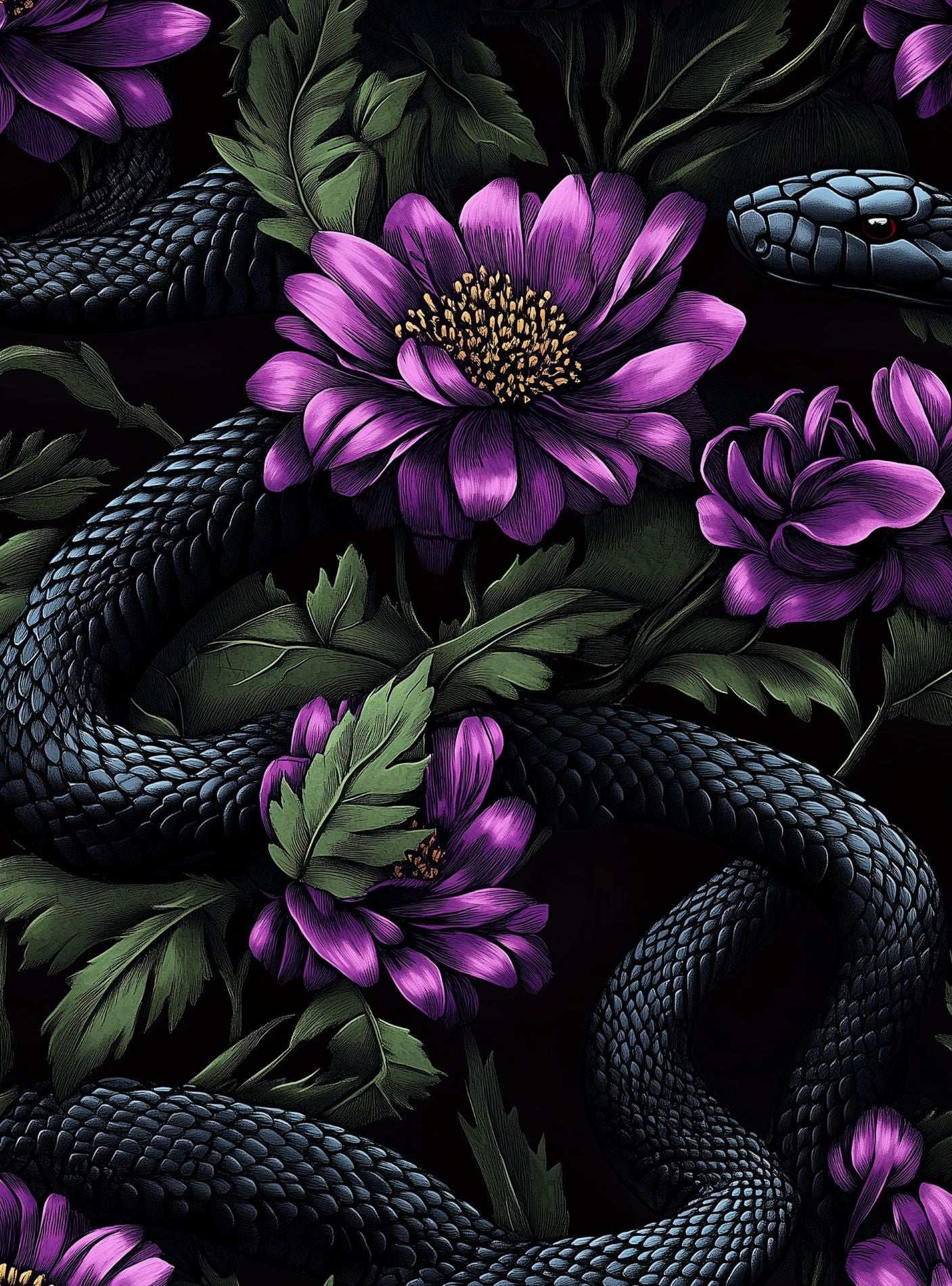 Dark Snake and Floral Wallpaper Bold and Mysterious Design Peel and Stick Roll