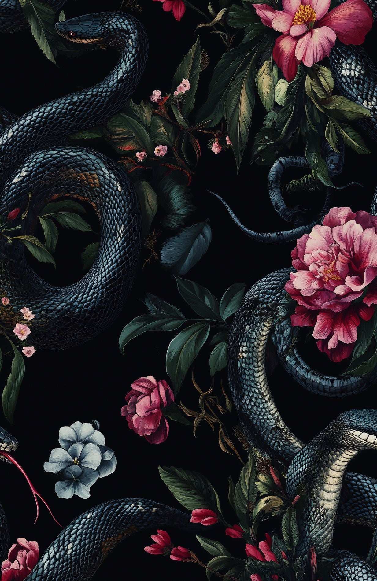 Black Snake and Pink Floral Wallpaper Dramatic Removable Wall Mural Peel and Stick Roll