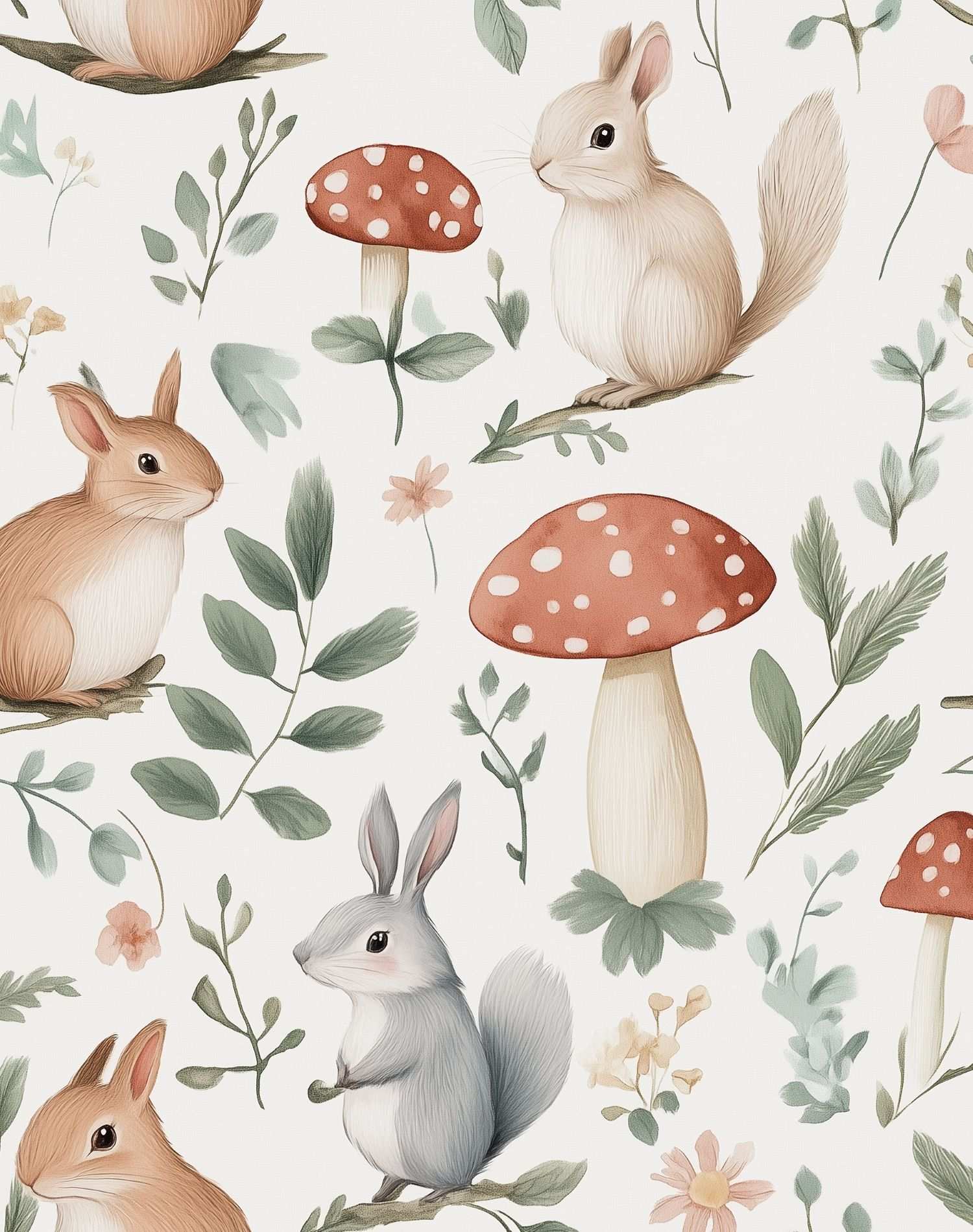 Woodland Bunny and Mushroom Wallpaper Whimsical Nursery Design