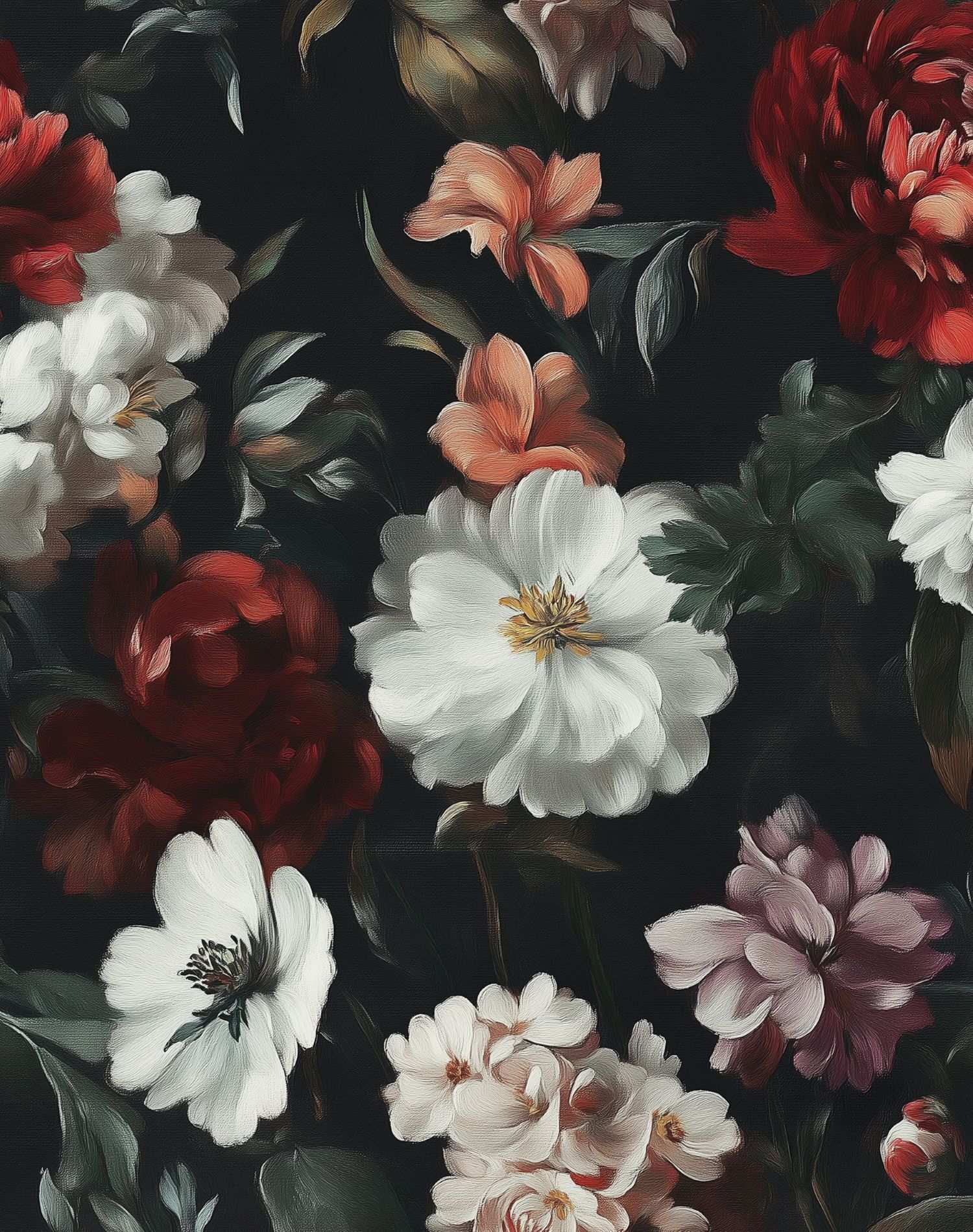 Dark Floral Wallpaper Red and White Blooms Mural Peel and Stick Roll