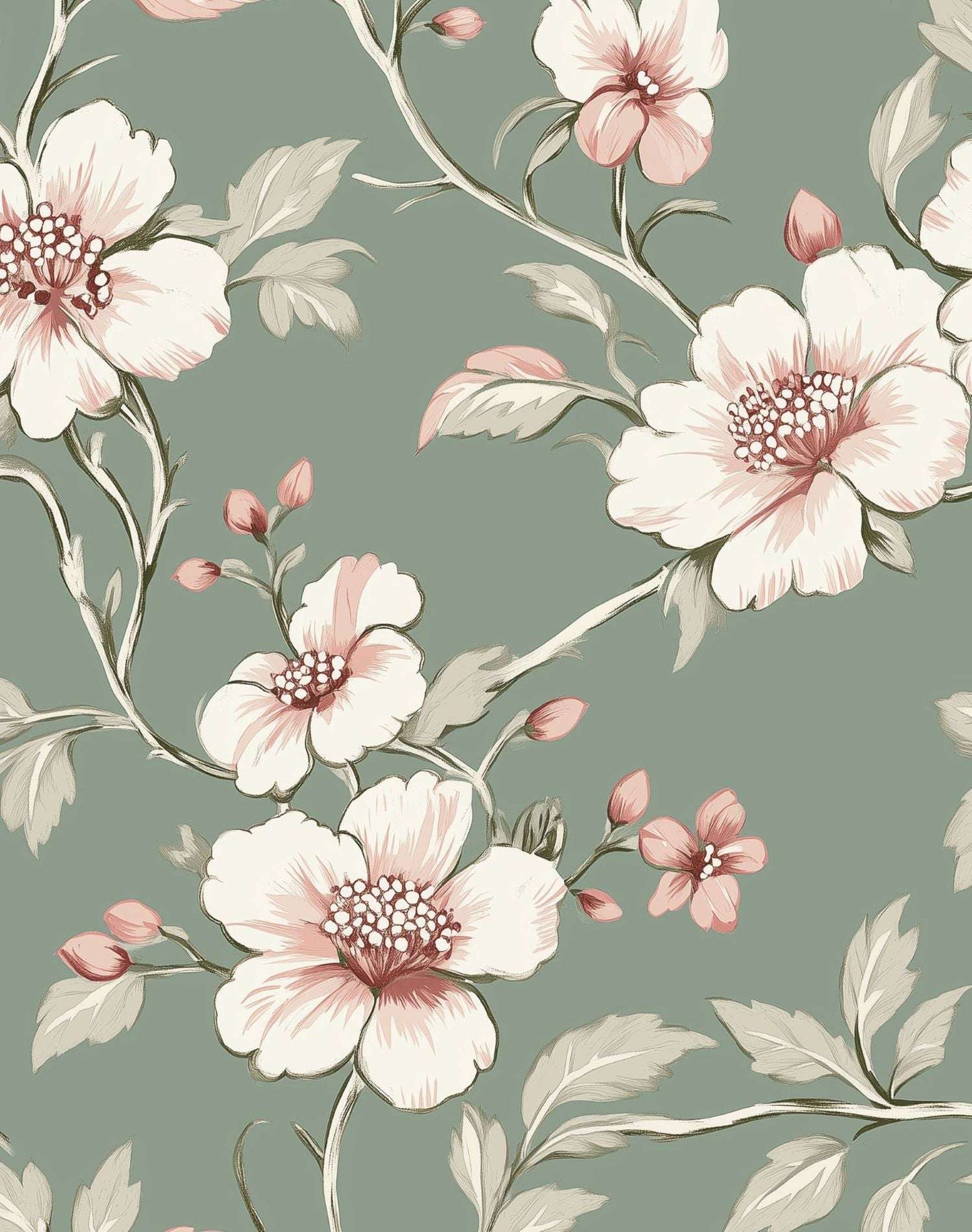 Sage Green Floral Wallpaper | Vintage-Inspired Removable Mural Peel and Stick Roll