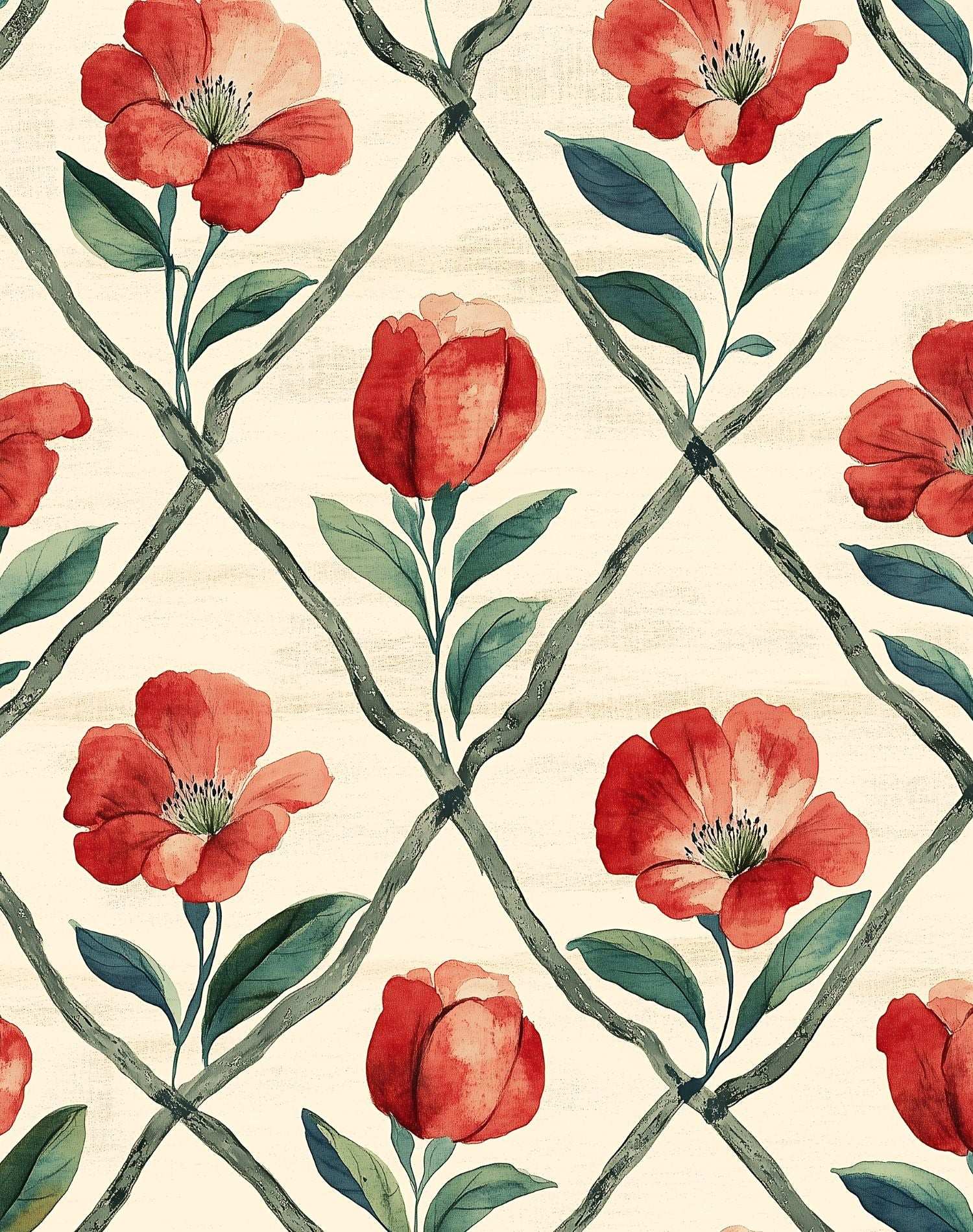 Red Trellis Floral Wallpaper Vibrant Blooms Stylish Interiors Peel and Stick Roll