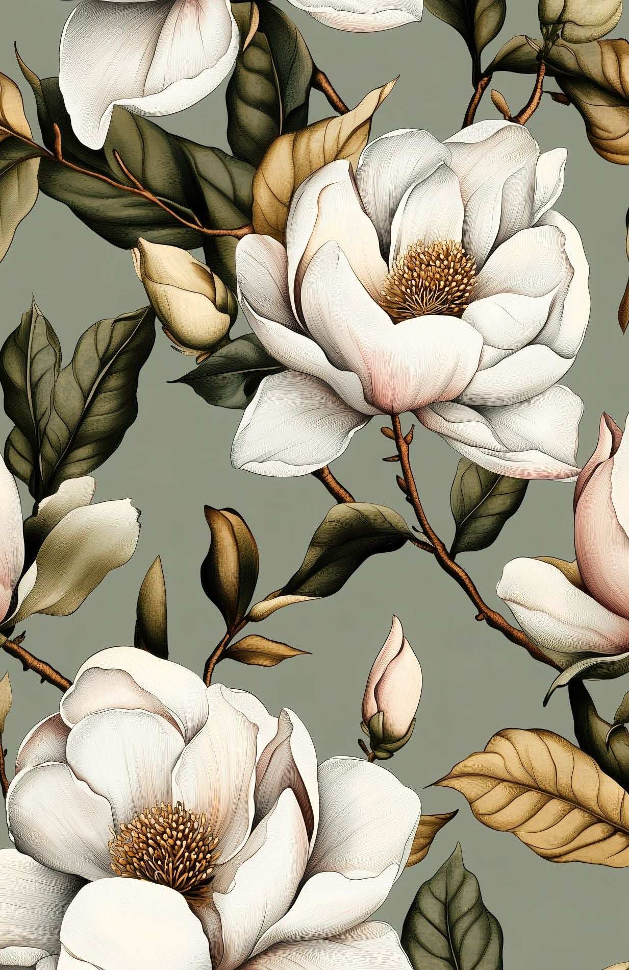 Elegant Magnolia Flower Wallpaper in Soft Sage Green Detailed Floral Peel and Stick Wall Mural