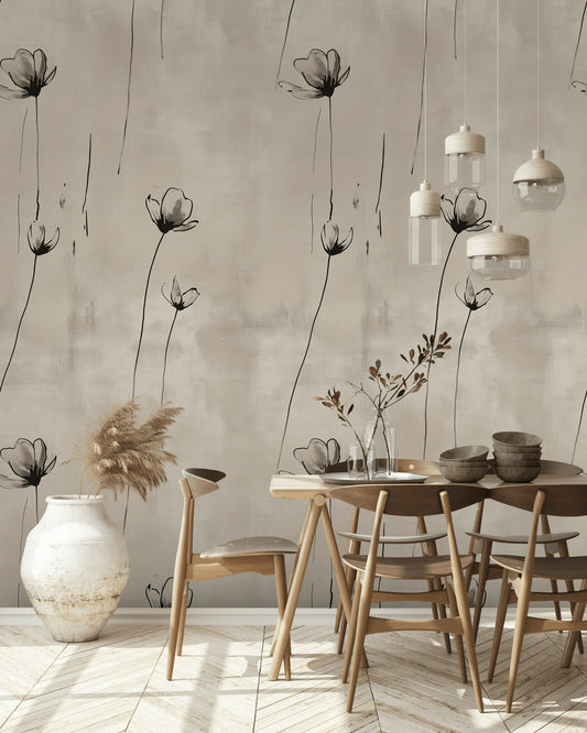 Elegant Monochrome Floral Wallpaper PWhite Flower Design