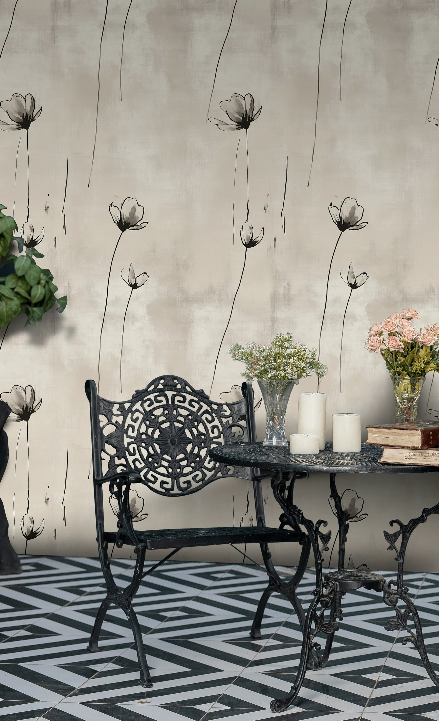 Elegant Monochrome Floral Wallpaper Peel and Stick Black and White Flower Design Wall Mural