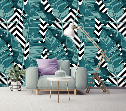 Tropical Summer Exotic Plant Banana Leaves Geometric Wallpaper