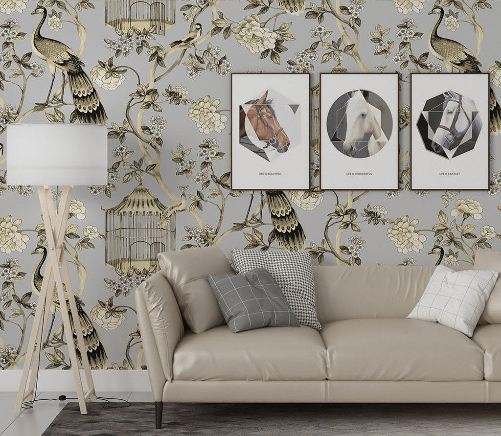 Vintage Art Bird Floral Classic Wallpaper