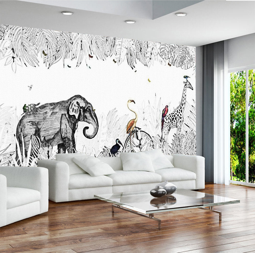 Elephant Giraffe Zoo Drawing Wallpaper Wall Covering