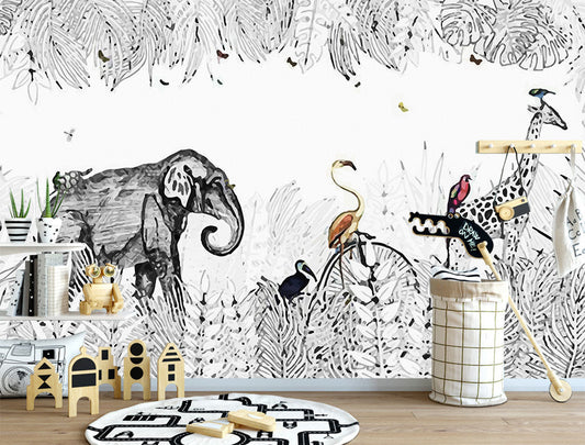 Elephant Giraffe Zoo Drawing Wallpaper Wall Covering