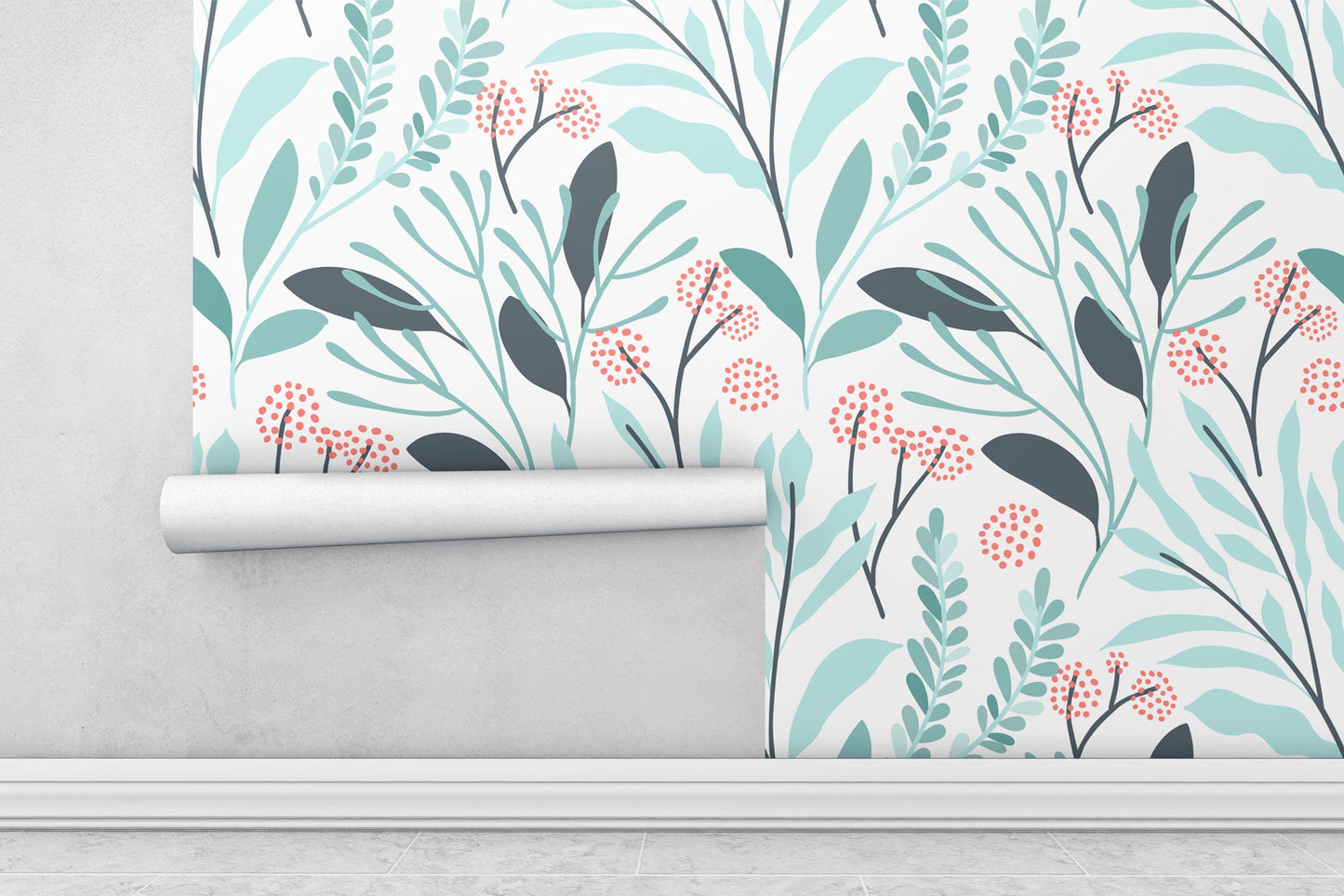 Floral Soft Turquoise Leaves Flowers Wallpaper