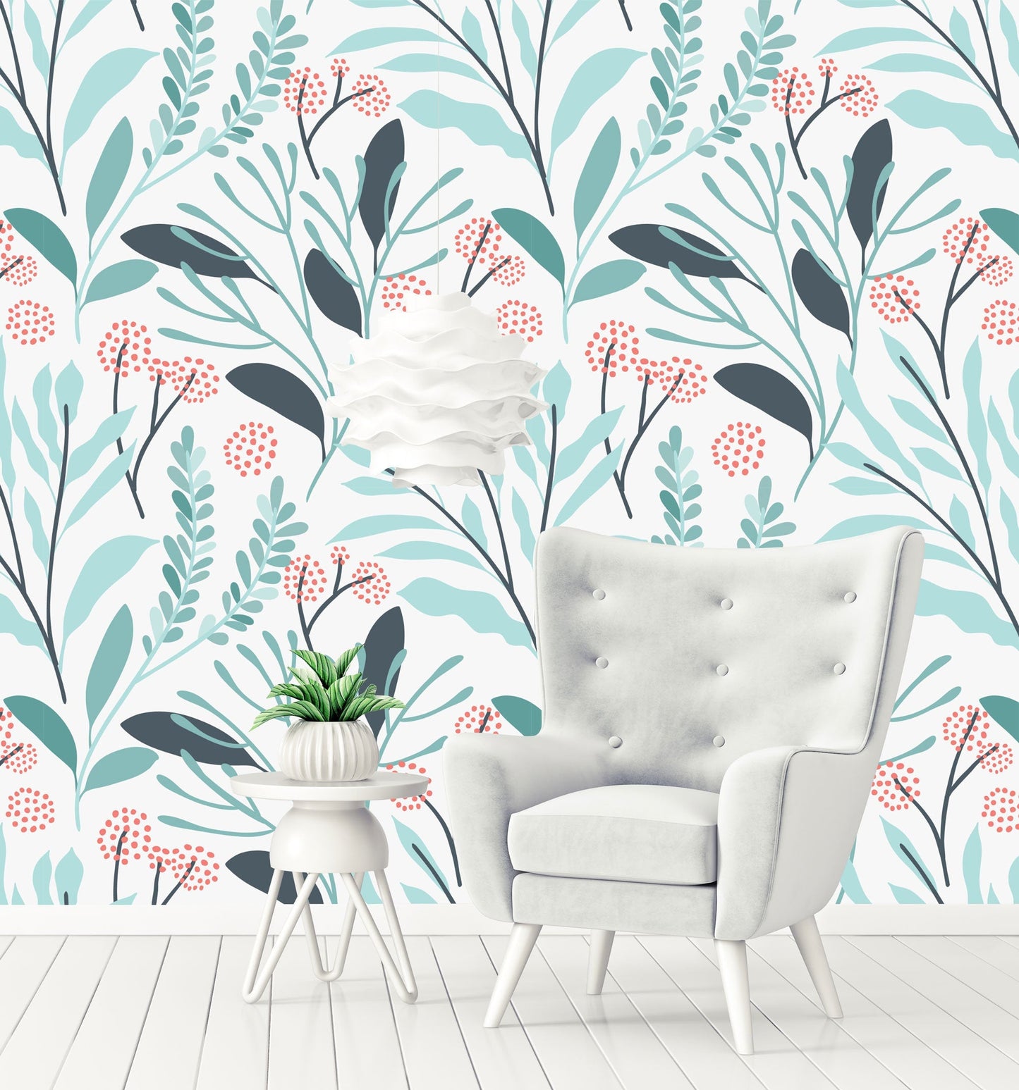 Floral Soft Turquoise Leaves Flowers Wallpaper