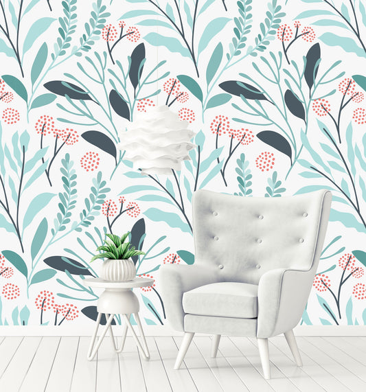 Floral Soft Turquoise Leaves Flowers Wallpaper