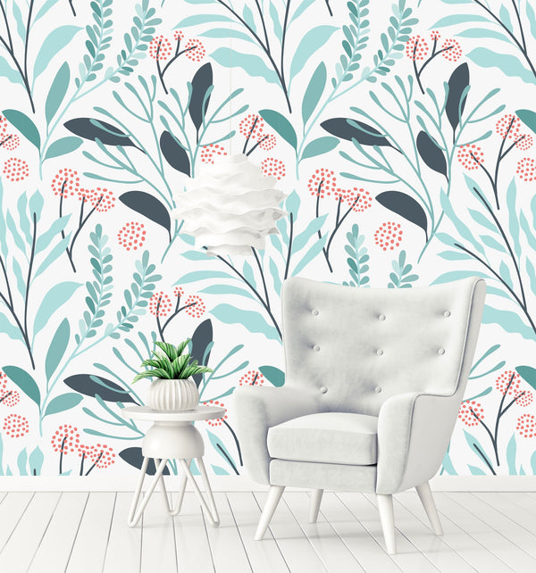 Floral Soft Turquoise Leaves Flowers Wallpaper