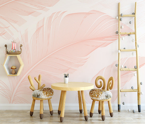 Nordic Feather Line Pink Leaf Removable Non-Woven Wallpaper
