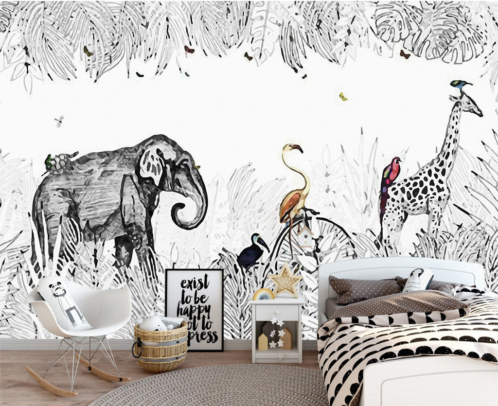 Elephant Giraffe Zoo Drawing Wallpaper Wall Covering