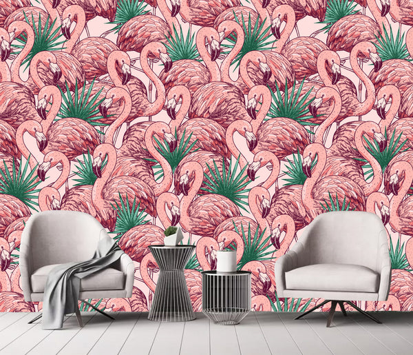 Pink Flamingo Tropical Plants Modern Art Wallpaper