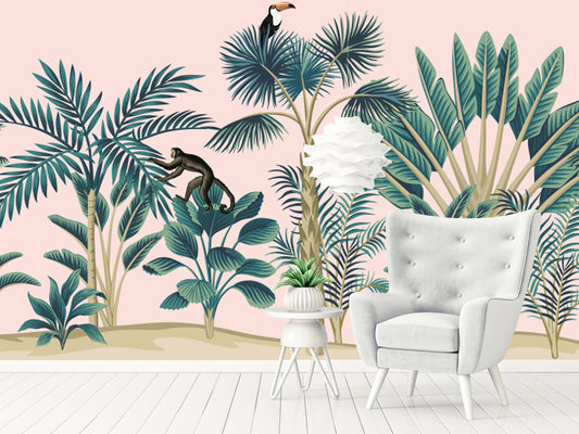 Botanic Mural with Pink Background  Wallpaper Wall Covering