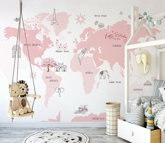 Pinky World Map Abstract Minimal Design Wallpaper Wall Covering