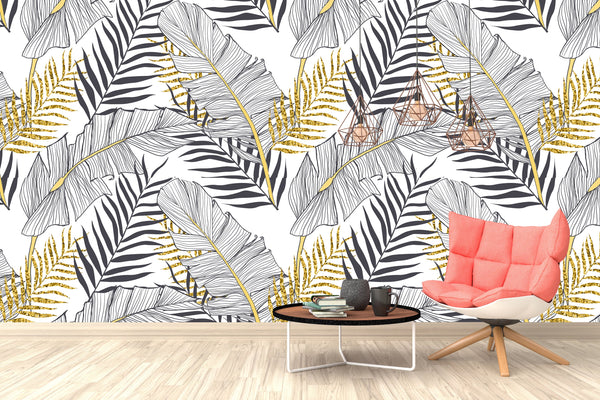 Black White Gold Tropical Leaves Wallpaper Wall Covering