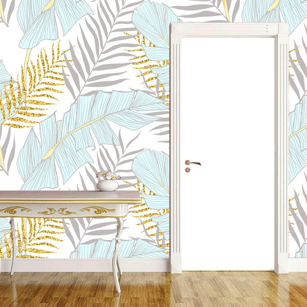 Turquoise Gray Gold Tropical Leaves Wallpaper Wall Covering
