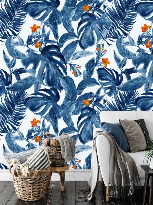 Blue Watercolor Tropical Leaves Wallpaper Wall Covering