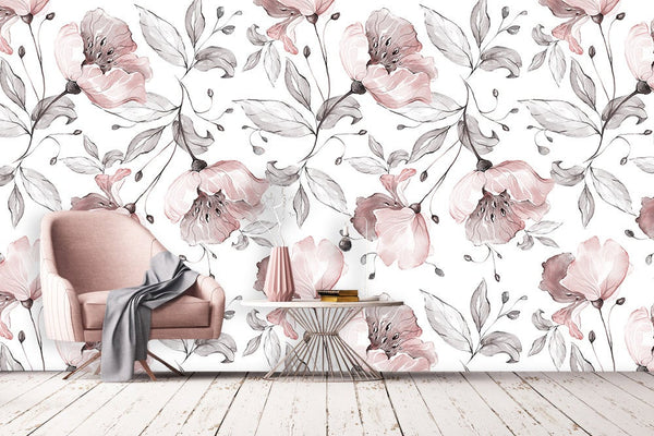 Pink Flowers and Gray Leaves Watercolor Floral Wallpaper