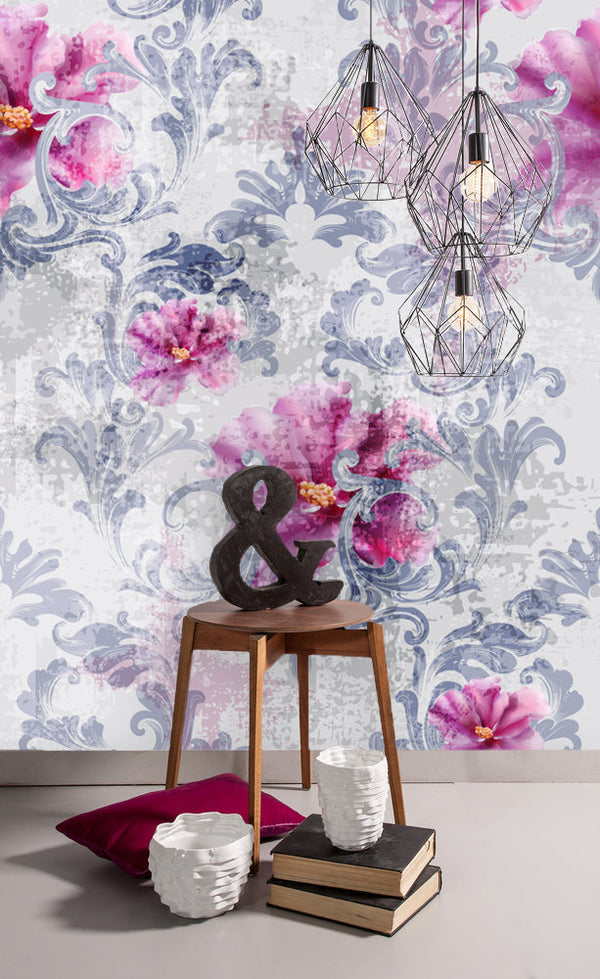 Pink Flowers and Blue Leaves on the Gray Floral Wallpaper