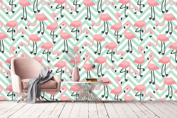 Pink Flamingo on the Green White Background Animal Wallpaper
