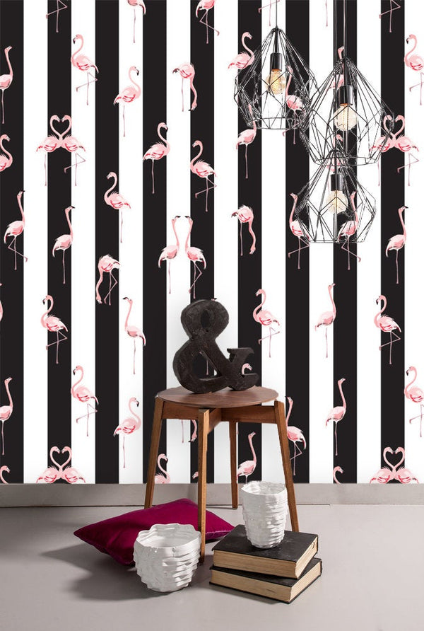 Pink Flamingo on the Black White Background Wallpaper