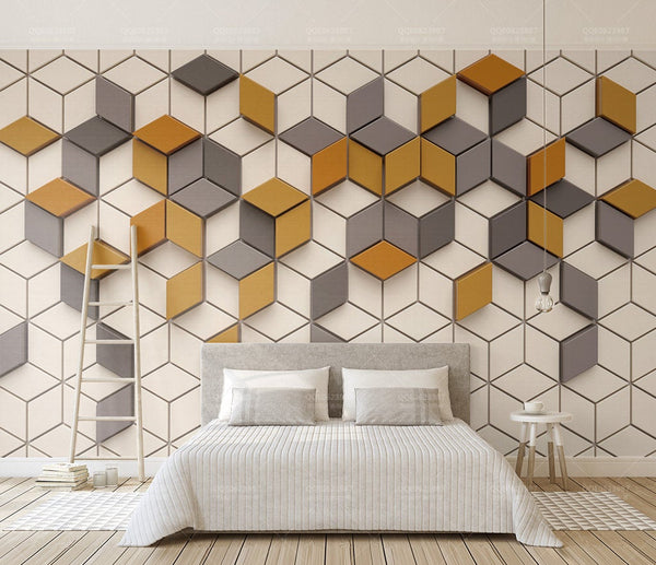 Yellow Gray Cupe Shapes Geometric Design Wallpaper