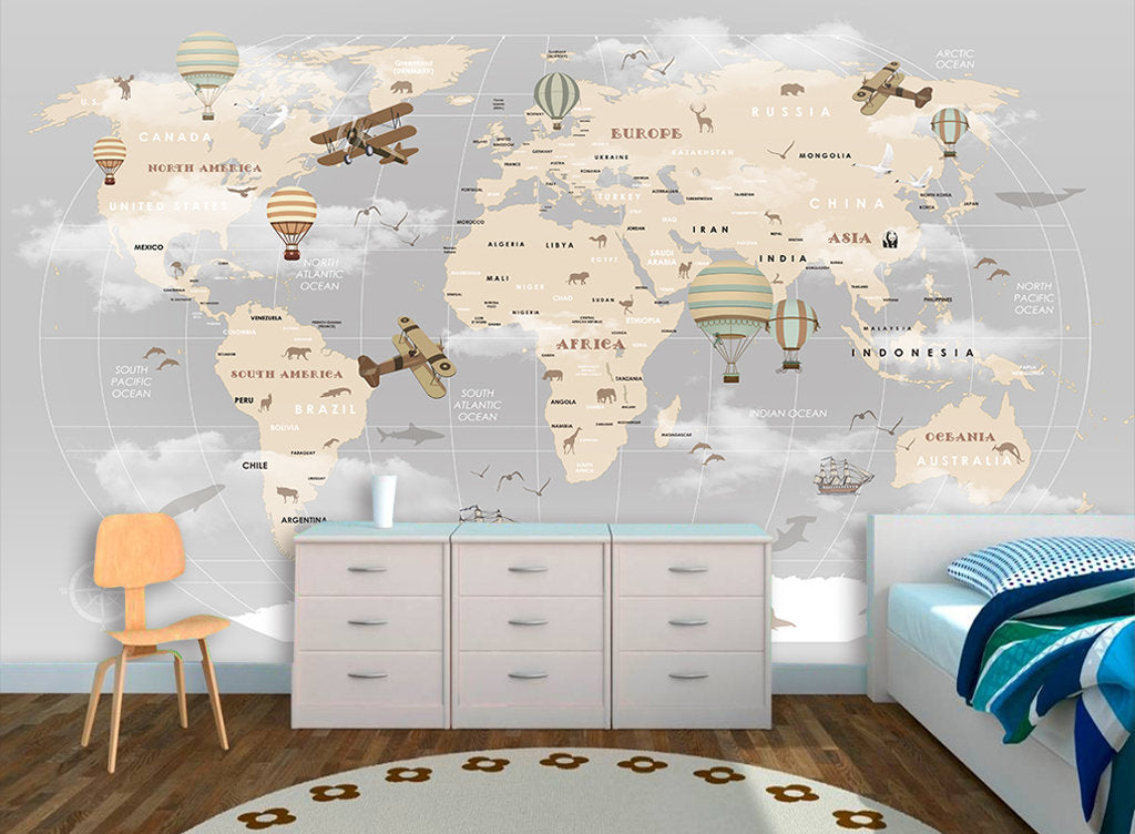 Kids Wallpaper For Child Beige World Map with Animals