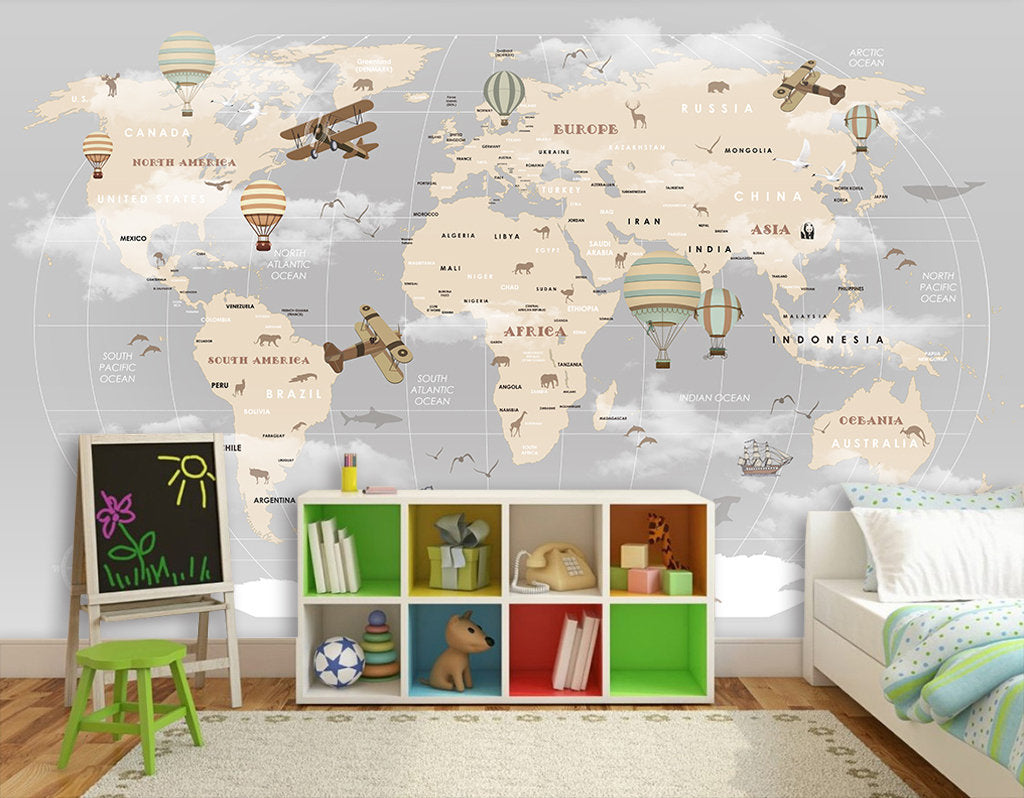Kids Wallpaper For Child Beige World Map with Animals