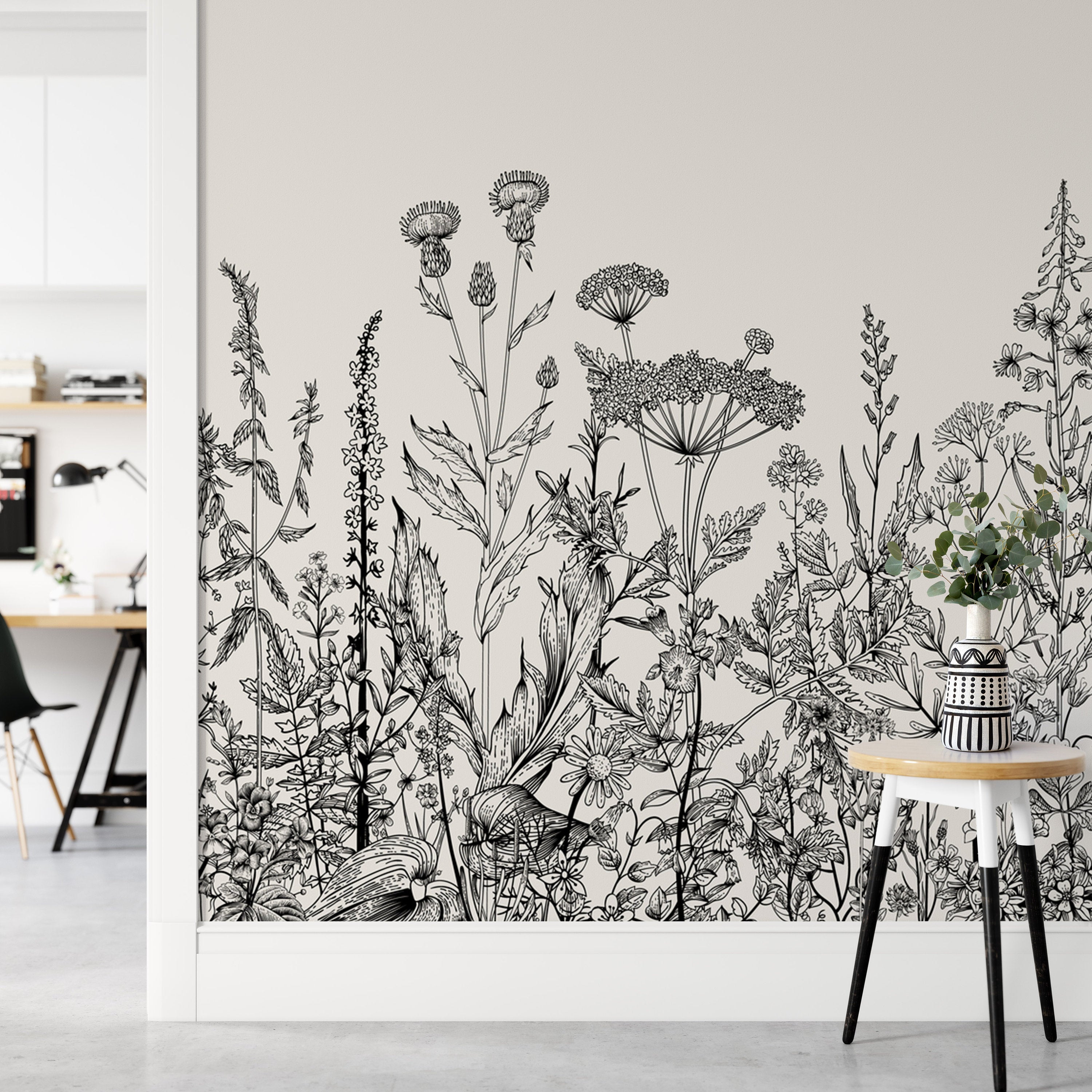 Black and Beige Floral Sketch Pine Cypress Flowers Wallpaper
