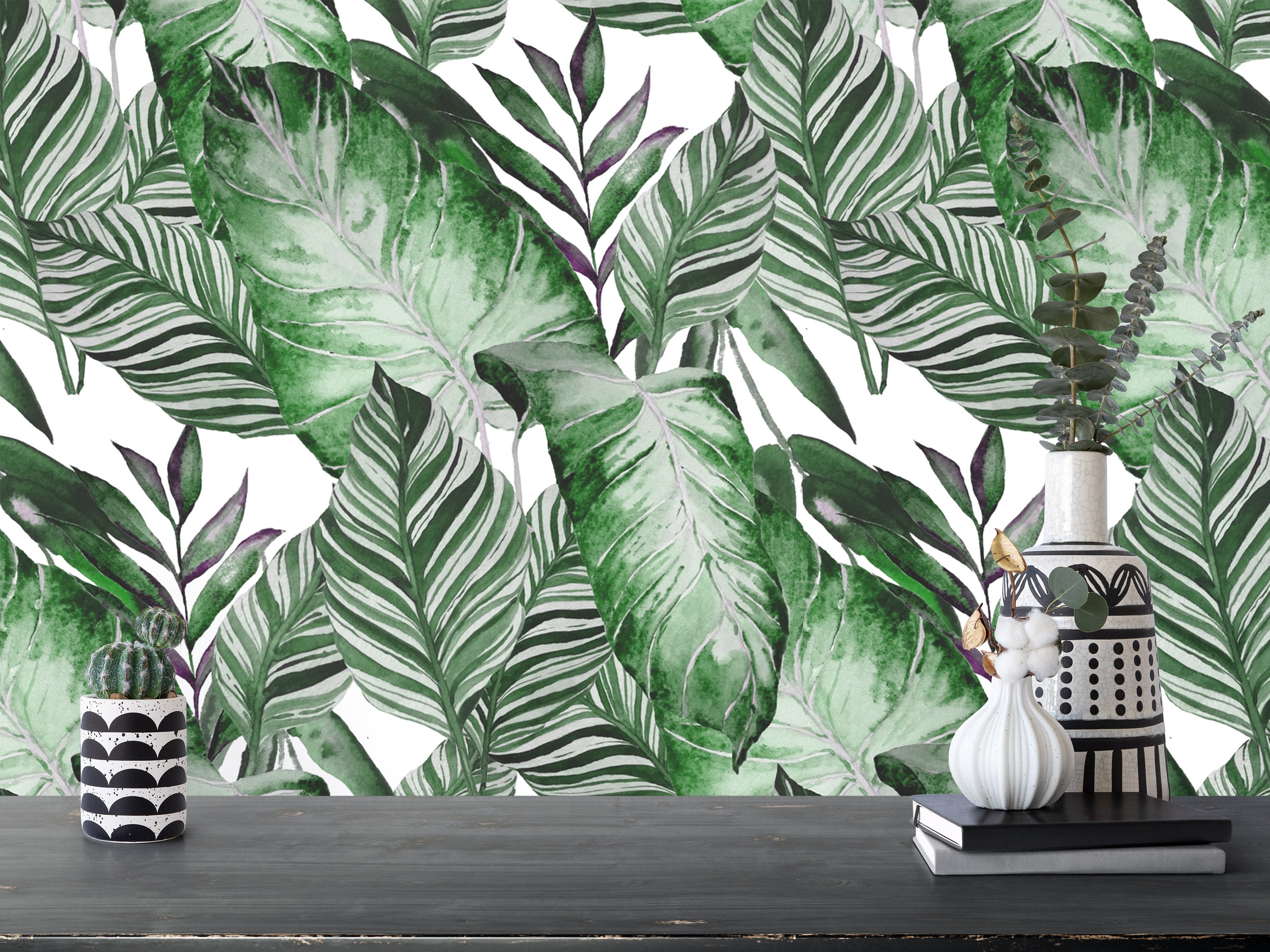 Monochrome Green Floral Palm Leaves Wallpaper Wall Covering