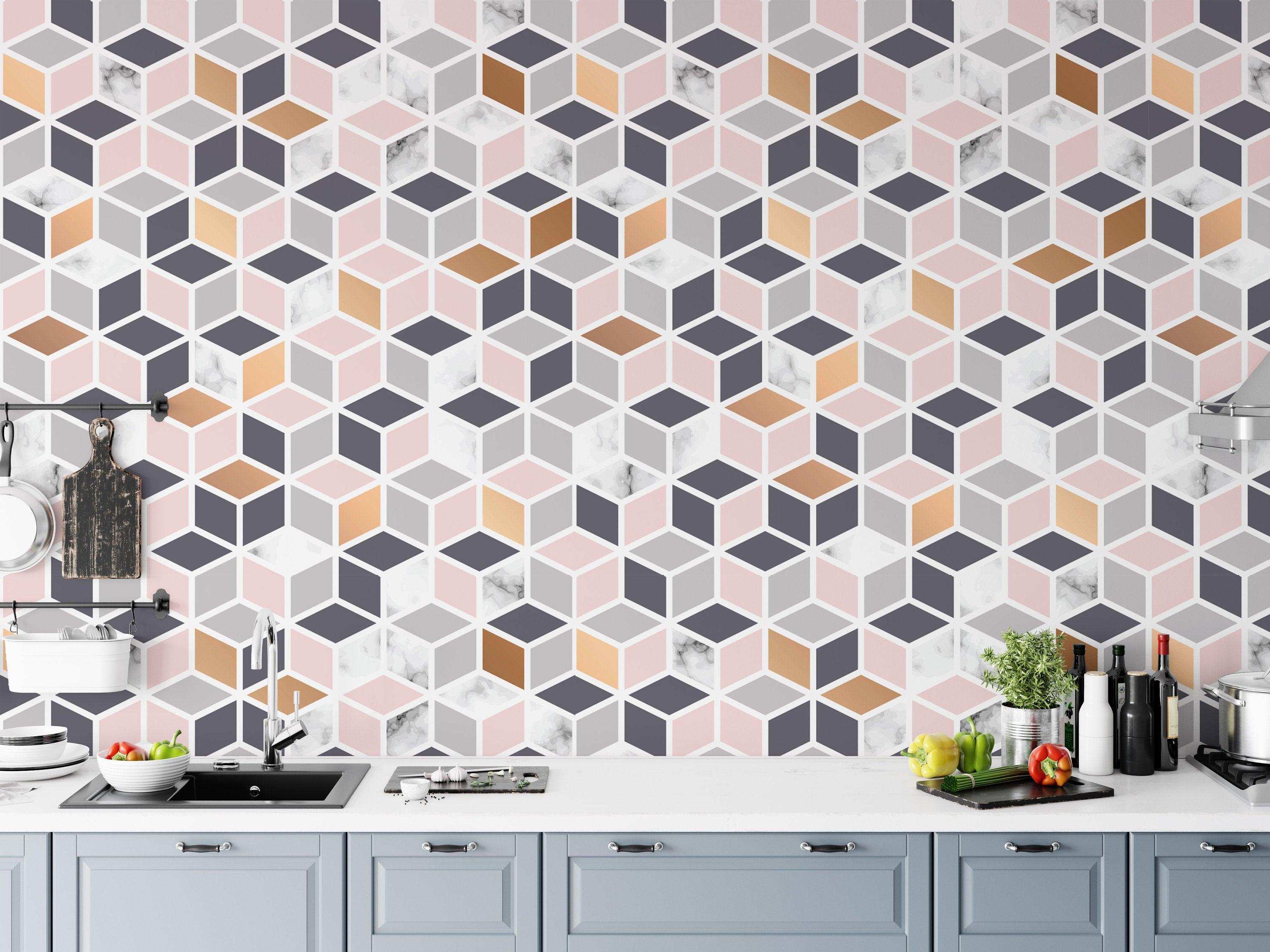 Pink Black Brown and White Cube Wallpaper Wall Covering