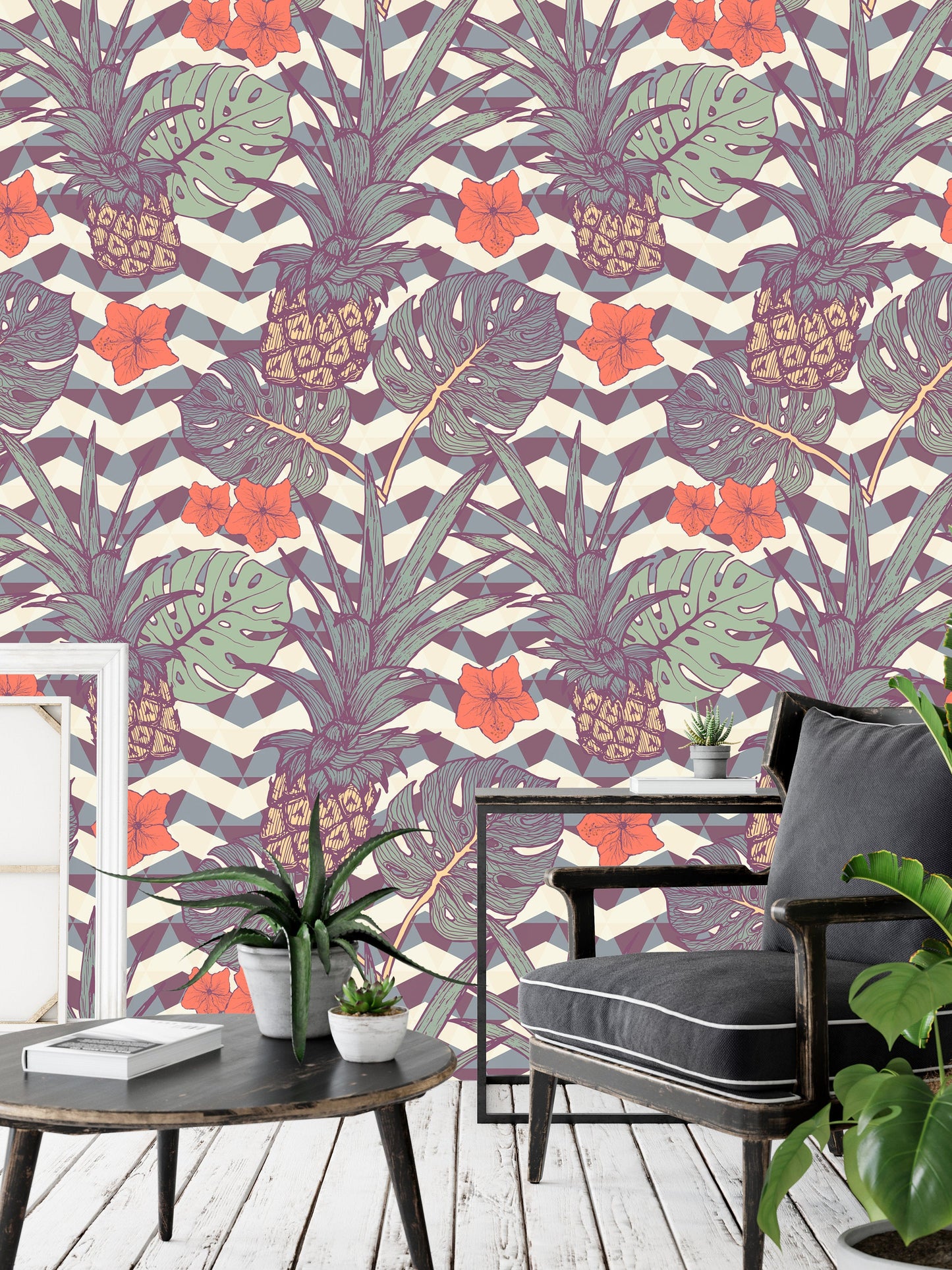 Vintage Design Tropical Plant and Fruits Wallpaper
