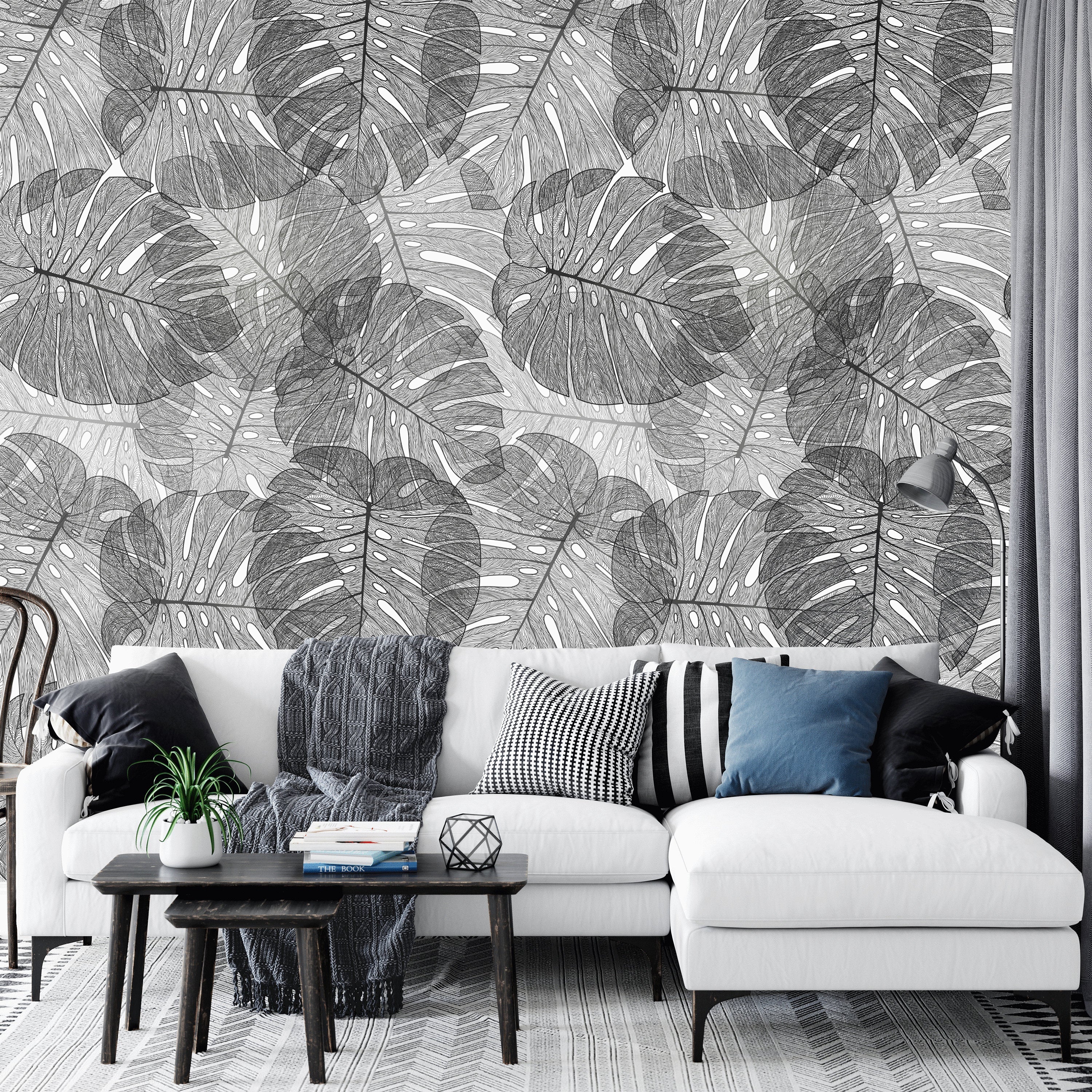 Monochrome Black And White Tropical Palm Leaves Wallpaper