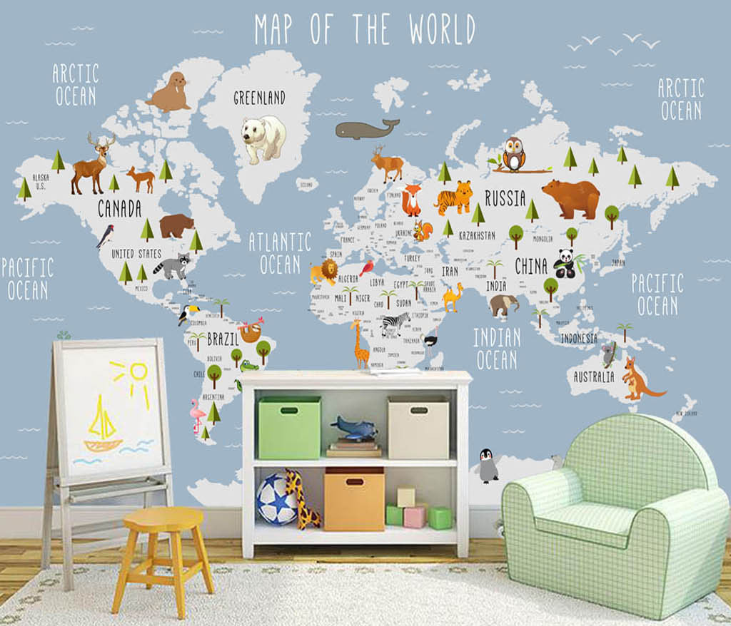Cartoon World Map Animals Oceans Blue Background Wallpaper