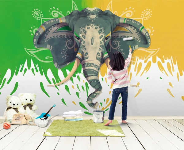 Cartoon Elephant Green and Yellow Large Animal Wallpaper