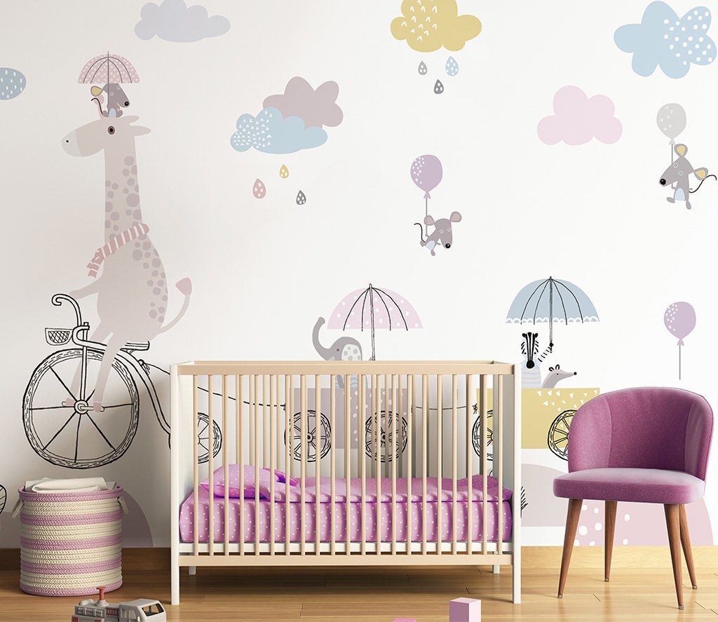 Animals with Umbrella Pattern Home Decor Wallpaper Removable