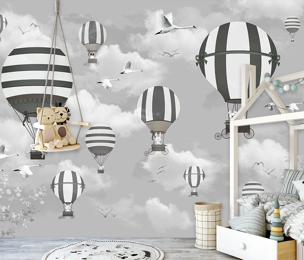 Cartoon Gray Hot Air Balloon Custom 3D Mural Wallpaper