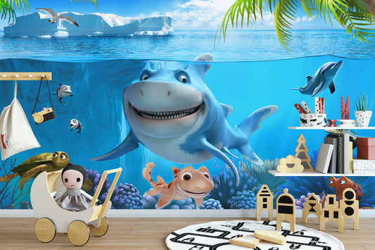 Underwater World Cartoon Shark Dolphin Background Wallpaper