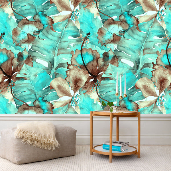 Leaf Abstract Mural Turquoise and Brown Wallpaper Wall Covering