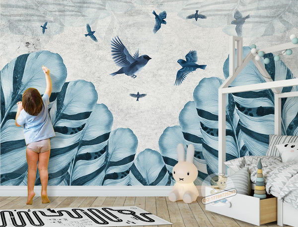 Birds and Bird Feathers Cartoon Kids Room Wallpaper Removable