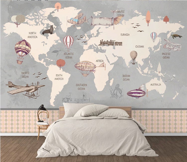 Cartoon Hot Air Balloon World Map Wallpaper Murals Art