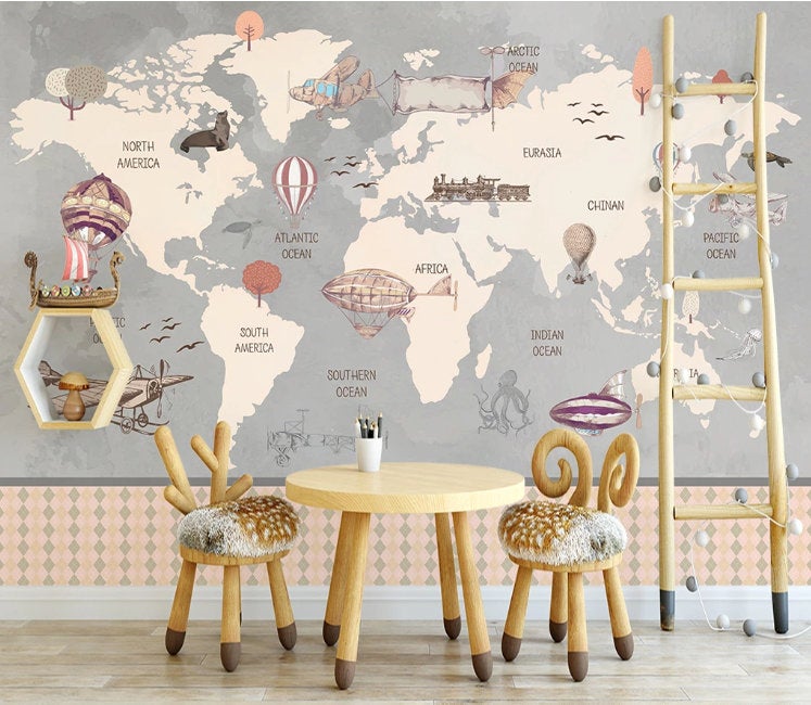Cartoon Hot Air Balloon World Map Wallpaper Murals Art
